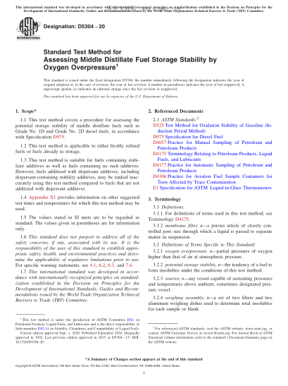 ASTM D5304-2020 Standard Test Method for Assessing Middle Distillate Fuel Storage Stability by Oxygen Overpressure