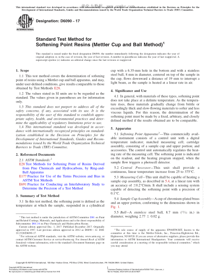 ASTM D6090-2017 樹(shù)脂軟化點(diǎn)試驗方法（梅特勒杯球法） Standard Test Method for Softening Point Resins (Mettler Cup and Ball Method)