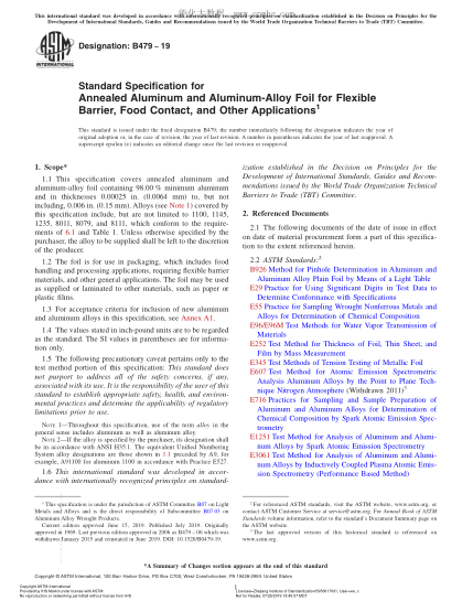 ASTM B479-2019 與食品接觸及其他用途的柔性阻隔材料用退火鋁及鋁合金箔規格 Standard Specification for Annealed Aluminum and Aluminum-Alloy Foil for Flexible Barrier, Food Contact, and Other Applications