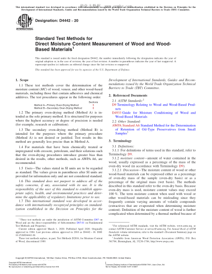ASTM D4442-2020 Standard Test Methods for Direct Moisture Content Measurement of Wood and Wood-Based Materials