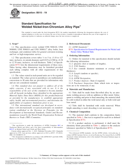 ASTM B515-2019 Standard Specification for Welded Nickel-Iron-Chromium Alloy Pipe
