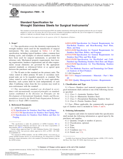 ASTM F899-2019 外科器械用鍛制不銹鋼的規格 Standard Specification for Wrought Stainless Steels for Surgical Instruments