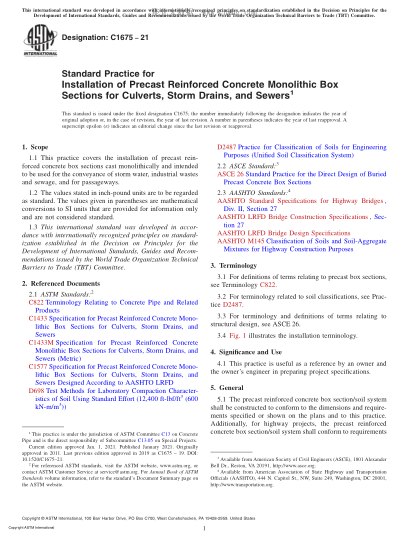 ASTM C1675-2021 Standard Practice for Installation of Precast Reinforced Concrete Monolithic Box Sections for Culverts, Storm Drains, and Sewers