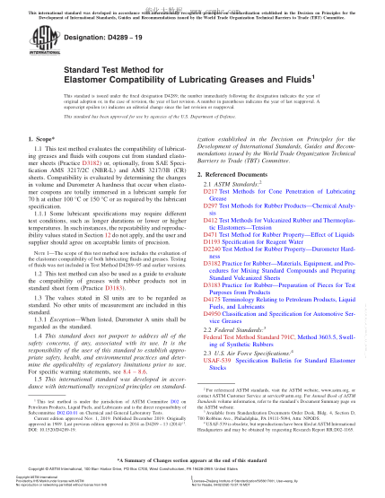 ASTM D4289-2019 Standard Test Method for Elastomer Compatibility of Lubricating Greases and Fluids
