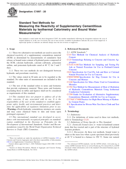 ASTM C1897-2020 Standard Test Methods for Measuring the Reactivity of Supplementary Cementitious Materials by Isothermal Calorimetry and Bound Water Measurements