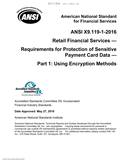 ANSI X9.119-1-2016 Retail Financial Services - Requirements for Protection of Sensitive Payment Card Data - Part 1: Using Encryption Methods (ASCX9)
