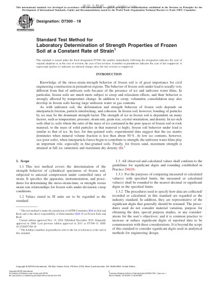 ASTM D7300-2018 Standard Test Method for Laboratory Determination of Strength Properties of Frozen Soil at a Constant Rate of Strain