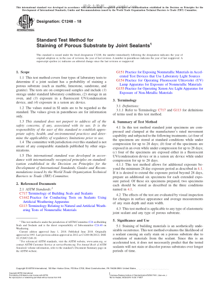 ASTM C1248-2018 Standard Test Method for Staining of Porous Substrate by Joint Sealants
