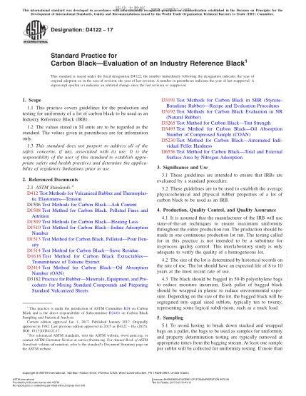 ASTM D4122-2017 炭黑-工業(yè)參比炭黑評價(jià)規程 Standard Practice for Carbon Black—Evaluation of an Industry Reference Black