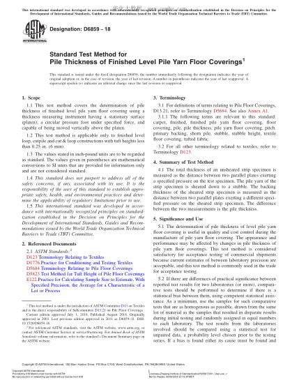 ASTM D6859-2018 Standard Test Method for Pile Thickness of Finished Level Pile Yarn Floor Coverings