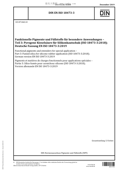 DIN EN ISO 18473-3-2019 Functional pigments and extenders for special application – Part 3: Fumed silica for silicone rubber application
