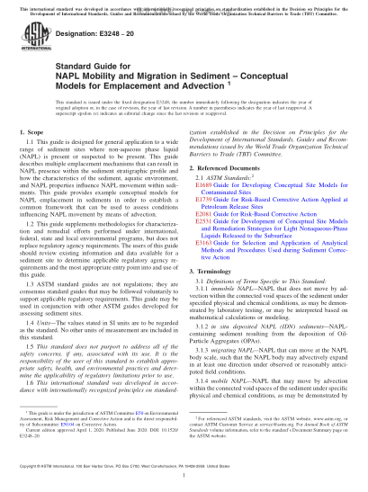 ASTM E3248-2020 Standard Guide for NAPL Mobility and Migration in Sediment –Conceptual Models for Emplacement and Advection