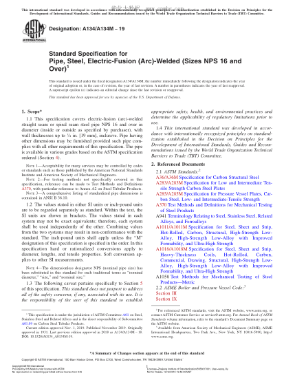 ASTM A134/A134M-2019 Standard Specification for Pipe, Steel, Electric-Fusion (Arc)-Welded (Sizes NPS 16 and Over)
