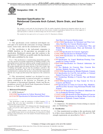 ASTM C506-2019 鋼筋混凝土拱涵、雨水管和污水管規格 Standard Specification for Reinforced Concrete Arch Culvert, Storm Drain, and Sewer Pipe