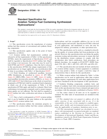 ASTM D7566-2018 含合成烴的航空渦輪燃料的規格 Standard Specification for Aviation Turbine Fuel Containing Synthesized Hydrocarbons