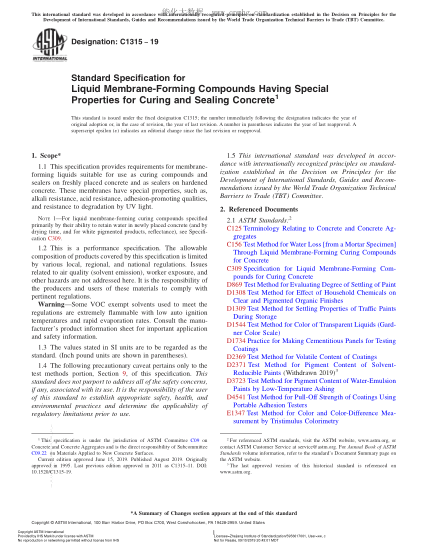 ASTM C1315-2019 Standard Specification for Liquid Membrane-Forming Compounds Having Special Properties for Curing and Sealing Concrete
