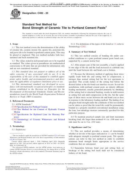 ASTM C482-2020 Standard Test Method for Bond Strength of Ceramic Tile to Portland Cement Paste