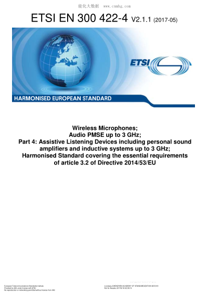 ETSI EN 300 422-4-2017 Wireless Microphones; Audio Pmse Up To 3 Ghz; Part 4: Assistive Listening Devices Including Personal Sound Amplifiers And Inductive Systems Up To 3 Ghz; Harmonised Standard Covering The Essential Requirements Of Article 3.2 Of Dire