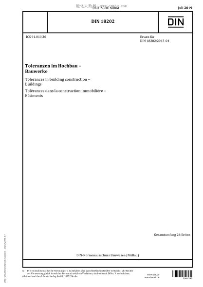 DIN 18202-2019 Tolerances in building construction - Buildings