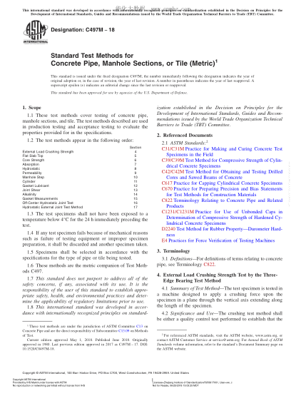 ASTM C497M-2018 Standard Test Methods for Concrete Pipe,Manhole Sections,or Tile (Metric)