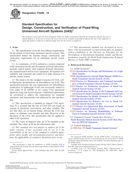 ASTM F3298-2018 Standard Specification for Design,Construction,and Verification of Fixed-Wing Unmanned Aircraft Systems (UAS)