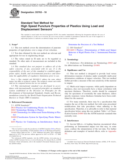 ASTM D3763-2018 Standard Test Method for High Speed Puncture Properties of Plastics Using Load and Displacement Sensors