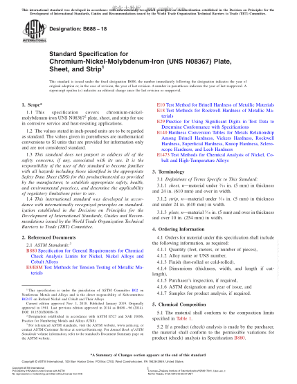 ASTM B688-2018 鉻鎳鉬鐵(UNS NO8366和UNS NO8367)中厚板、薄板及帶材規格 Standard Specification for Chromium-Nickel-Molybdenum-Iron (UNS N08367) Plate, Sheet, and Strip
