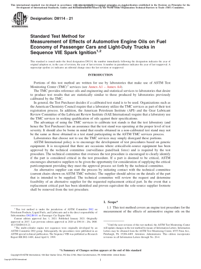 ASTM D8114-2021 Standard Test Method for Measurement of Effects of Automotive Engine Oils on Fuel Economy of Passenger Cars and Light-Duty Trucks in Sequence VIE Spark Ignition