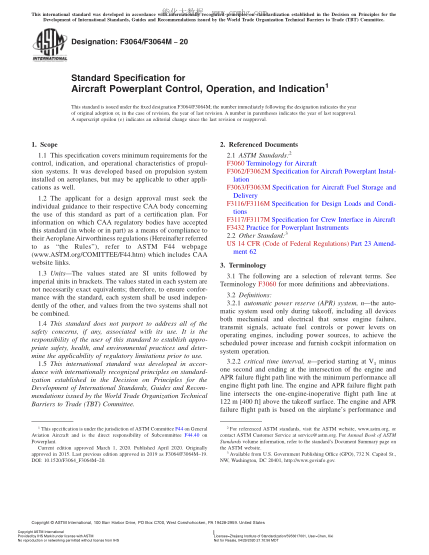 ASTM F3064/F3064M-2020 Standard Specification for Aircraft Powerplant Control, Operation, and Indication