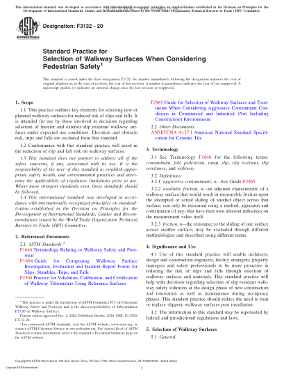 ASTM F3132-2020 Standard Practice for Selection of Walkway Surfaces When Considering Pedestrian Safety