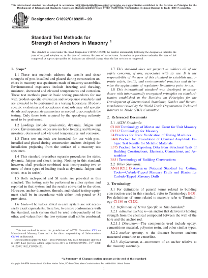 ASTM C1892/C1892M-2020 Standard Test Methods for Strength of Anchors in Masonry