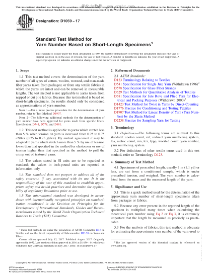 ASTM D1059-2017 基于短--長(cháng)試樣的紗線(xiàn)支數試驗方法 Standard Test Method for Yarn Number Based on Short-Length Specimens