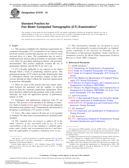ASTM E1570-2019 計算機斷面X射線(xiàn)檢查規程 Standard Practice for Fan Beam Computed Tomographic (CT) Examination