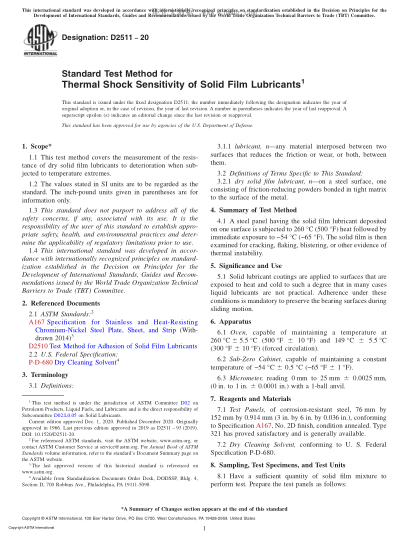 ASTM D2511-2020 Standard Test Method for Thermal Shock Sensitivity of Solid Film Lubricants