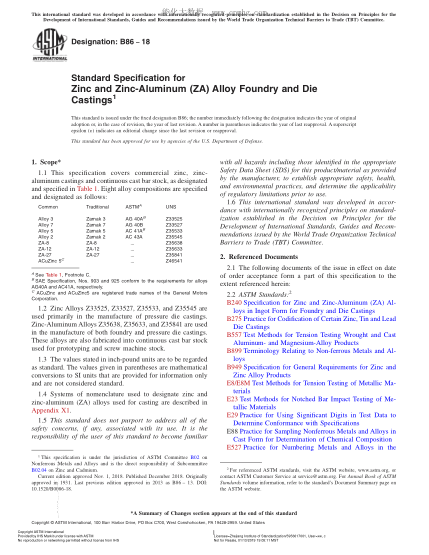 ASTM B86-2018 鋅和鋅鋁合金鑄件和模鑄件規格 Standard Specification for Zinc and Zinc-Aluminum (ZA) Alloy Foundry and Die Castings