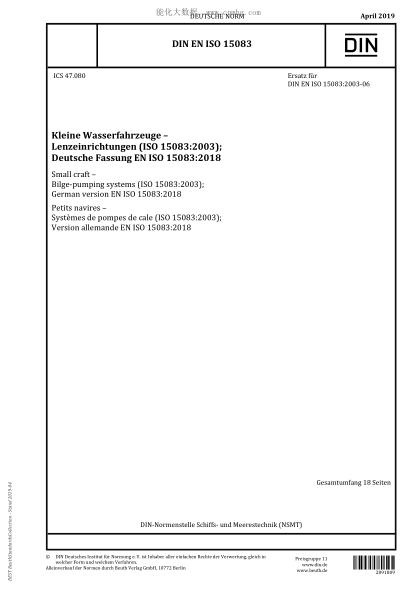 DIN EN ISO 15083-2019 Small craft - Bilge-pumping systems (ISO 15083:2003)