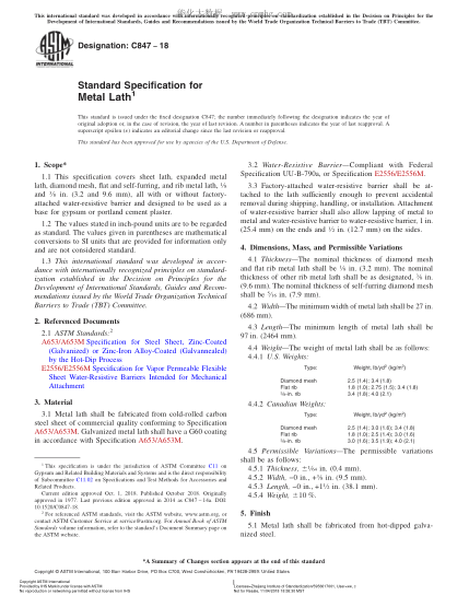 ASTM C847-2018 Standard Specification for Metal Lath