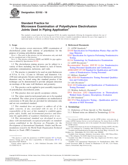 ASTM E3102-2018 Standard Practice for Microwave Examination of Polyethylene Electrofusion Joints Used in Piping Application
