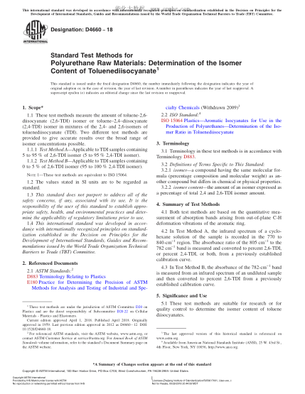 ASTM D4660-2018 聚氨酯測試方法:甲苯二異氰酸酯含量測定 Standard Test Methods for Polyurethane Raw Materials:Determination of the Isomer Content of Toluenediisocyanate