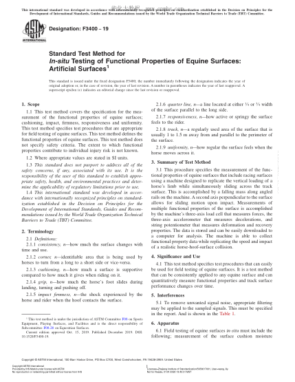 ASTM F3400-2019 Standard Test Method for In-situ Testing of Functional Properties of Equine Surfaces: Artificial Surfaces