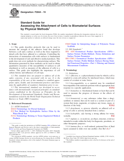 ASTM F2664-2019 Standard Guide for Assessing the Attachment of Cells to Biomaterial Surfaces by Physical Methods