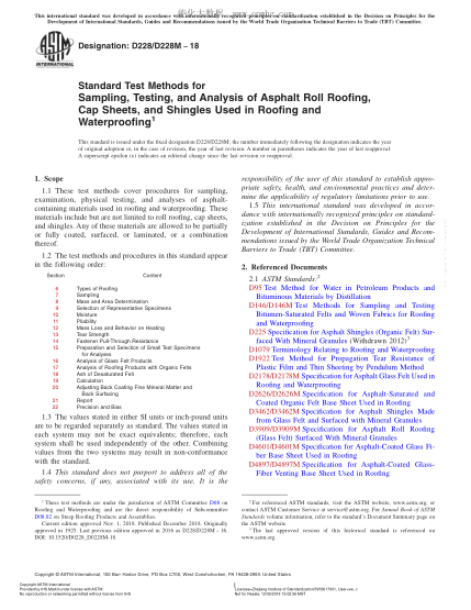 ASTM D228/D228M-2018 Standard Test Methods for Sampling, Testing, and Analysis of Asphalt Roll Roofing, Cap Sheets, and Shingles Used in Roofing and Waterproofing