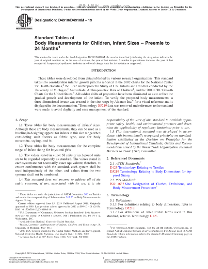 ASTM D4910/D4910M-2019 0~24個(gè)月嬰幼兒尺碼身體測量尺寸表 Standard Tables of Body Measurements for Children, Infant Sizes – Preemie to 24 Months
