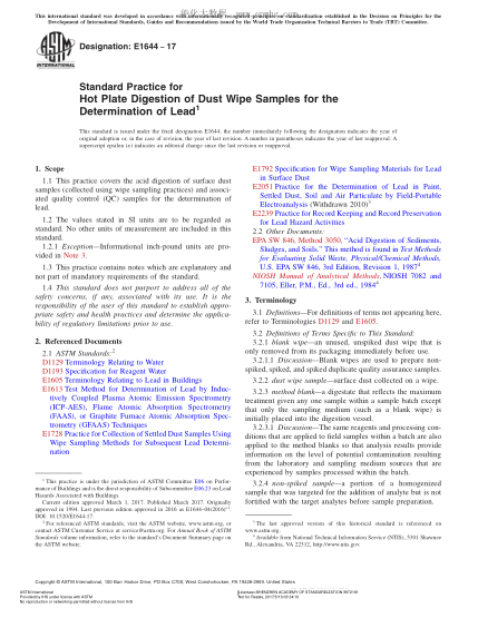 ASTM E1644-2017 鉛測定用塵揩試樣的熱板分解規程 Standard Practice for Hot Plate Digestion of Dust Wipe Samples for the Determination of Lead