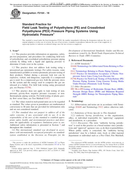 ASTM F2164-2018 Standard Practice for Field Leak Testing of Polyethylene (PE) and Crosslinked Polyethylene (PEX) Pressure Piping Systems Using Hydrostatic Pressure