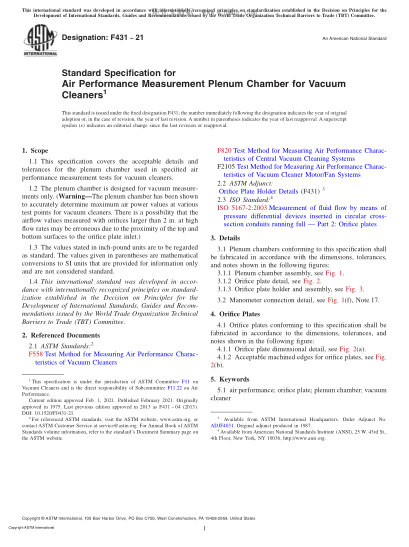 ASTM F431-2021 Standard Specification for Air Performance Measurement Plenum Chamber for Vacuum Cleaners
