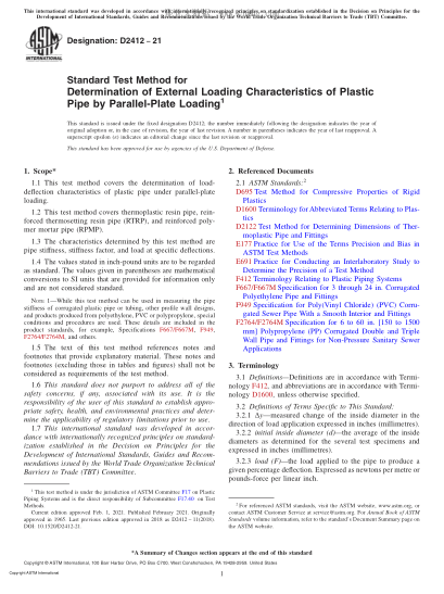 ASTM D2412-2021 Standard Test Method for Determination of External Loading Characteristics of Plastic Pipe by Parallel-Plate Loading