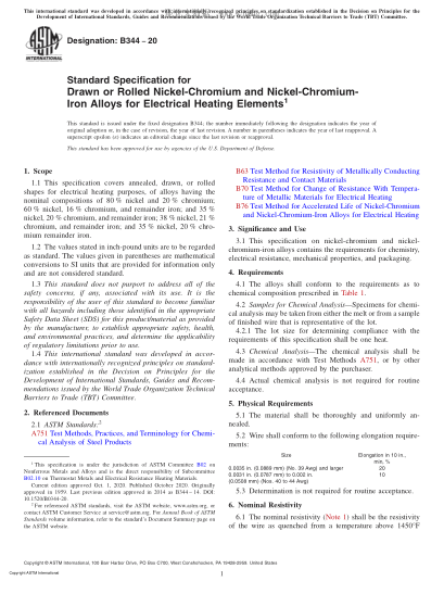 ASTM B344-2020 Standard Specification for Drawn or Rolled Nickel-Chromium and Nickel-Chromium-Iron Alloys for Electrical Heating Elements