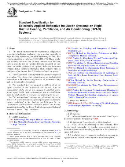ASTM C1668-2020 Standard Specification for Externally Applied Reflective Insulation Systems on Rigid Duct in Heating, Ventilation, and Air Conditioning (HVAC) Systems
