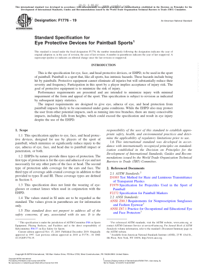 ASTM F1776-2019 Standard Specification for Eye Protective Devices for Paintball Sports